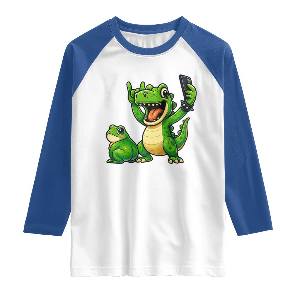 Funny Dinosaur Frog Selfie Raglan Shirt Rock On Hand - Wonder Print Shop