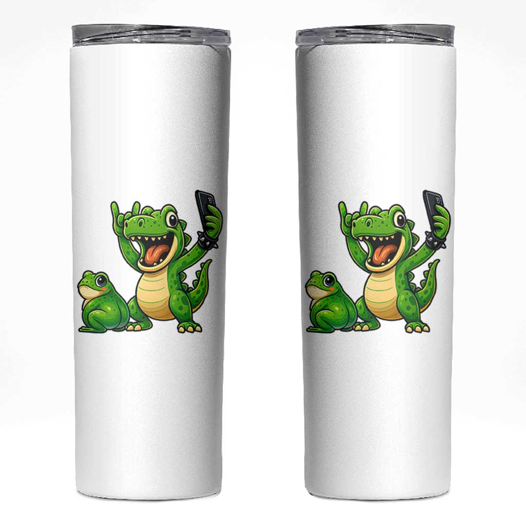 Funny Dinosaur Frog Selfie Skinny Tumbler Rock On Hand