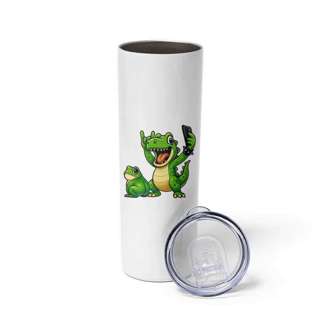 Funny Dinosaur Frog Selfie Skinny Tumbler Rock On Hand