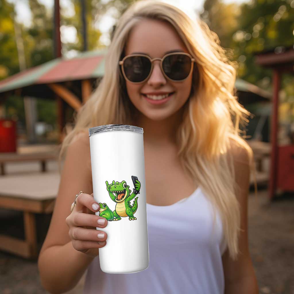 Funny Dinosaur Frog Selfie Skinny Tumbler Rock On Hand