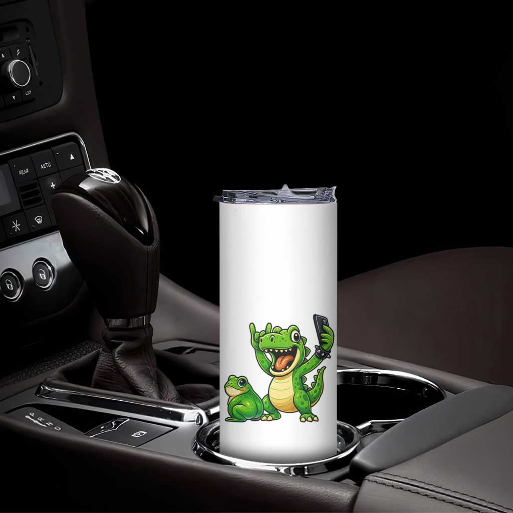 Funny Dinosaur Frog Selfie Skinny Tumbler Rock On Hand
