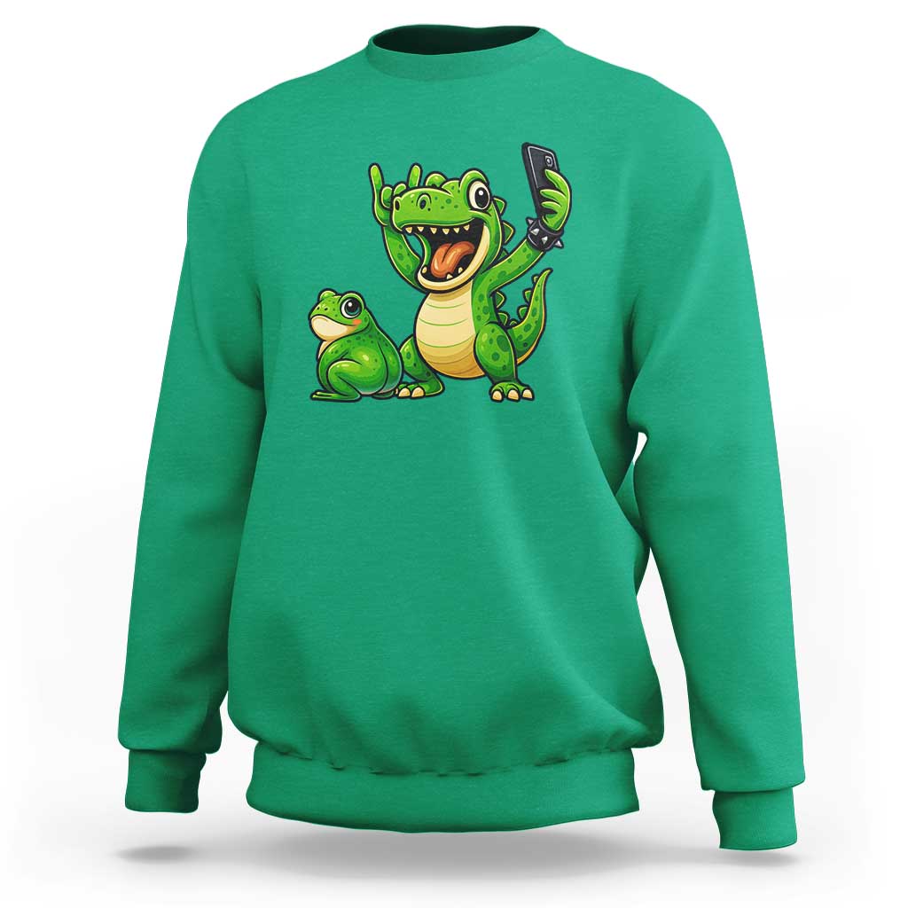 Funny Dinosaur Frog Selfie Sweatshirt Rock On Hand - Wonder Print Shop