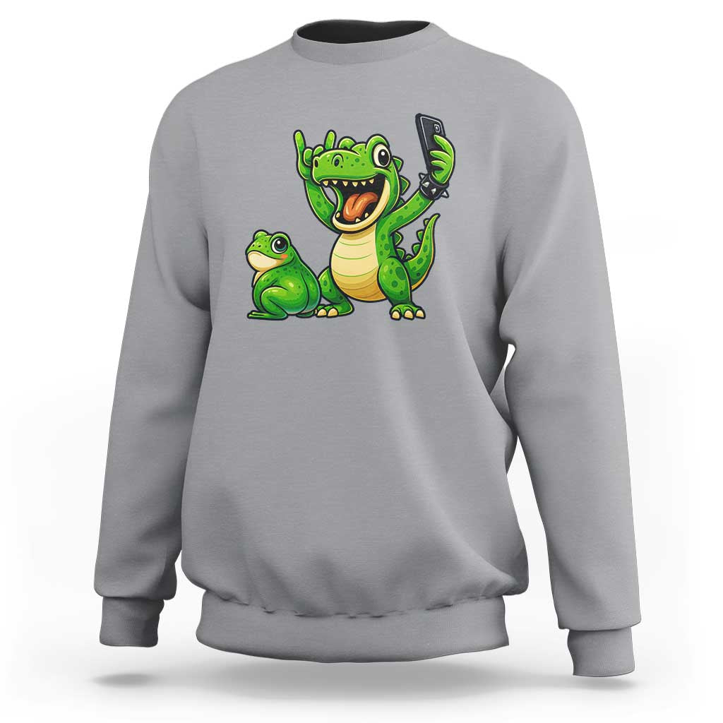 Funny Dinosaur Frog Selfie Sweatshirt Rock On Hand - Wonder Print Shop