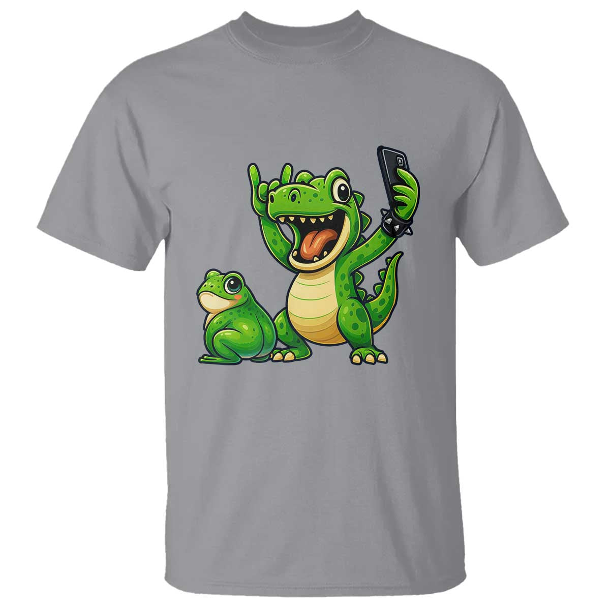 Funny Dinosaur Frog Selfie T Shirt Rock On Hand - Wonder Print Shop