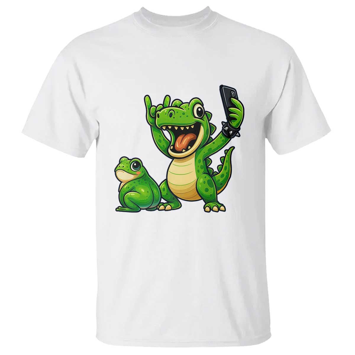 Funny Dinosaur Frog Selfie T Shirt Rock On Hand - Wonder Print Shop