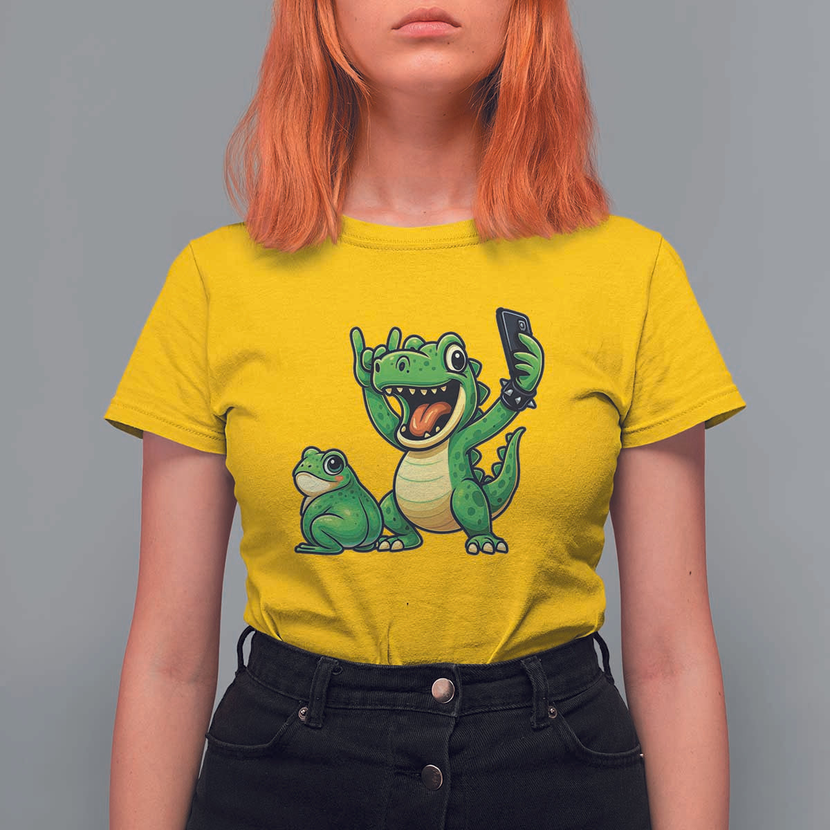 Funny Dinosaur Frog Selfie T Shirt For Women Rock On Hand - Wonder Print Shop