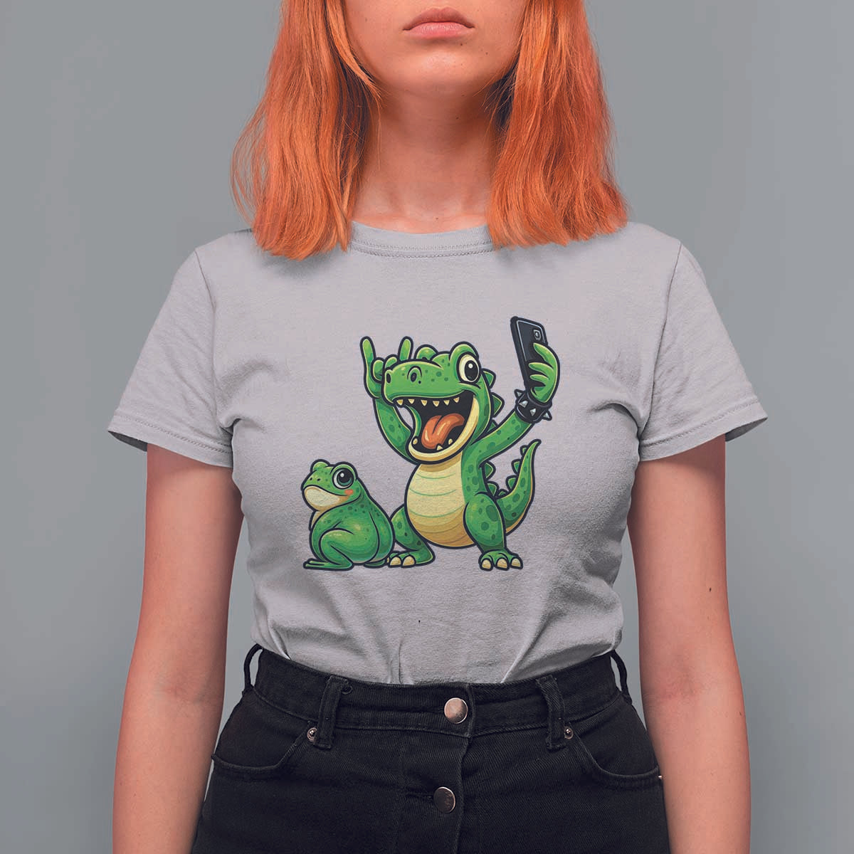 Funny Dinosaur Frog Selfie T Shirt For Women Rock On Hand - Wonder Print Shop