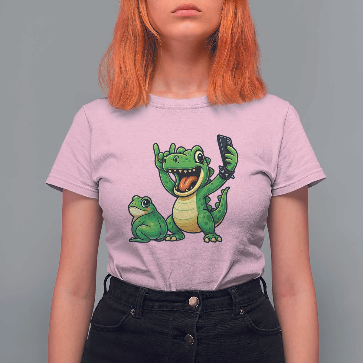 Funny Dinosaur Frog Selfie T Shirt For Women Rock On Hand - Wonder Print Shop
