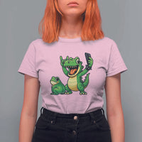 Funny Dinosaur Frog Selfie T Shirt For Women Rock On Hand - Wonder Print Shop