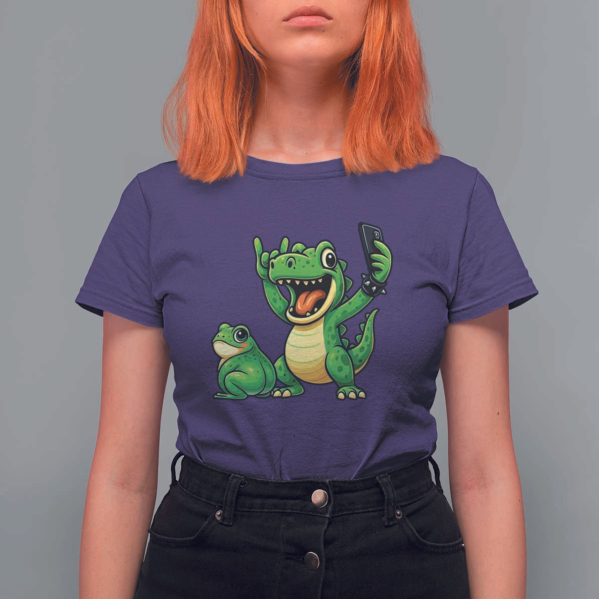 Funny Dinosaur Frog Selfie T Shirt For Women Rock On Hand - Wonder Print Shop