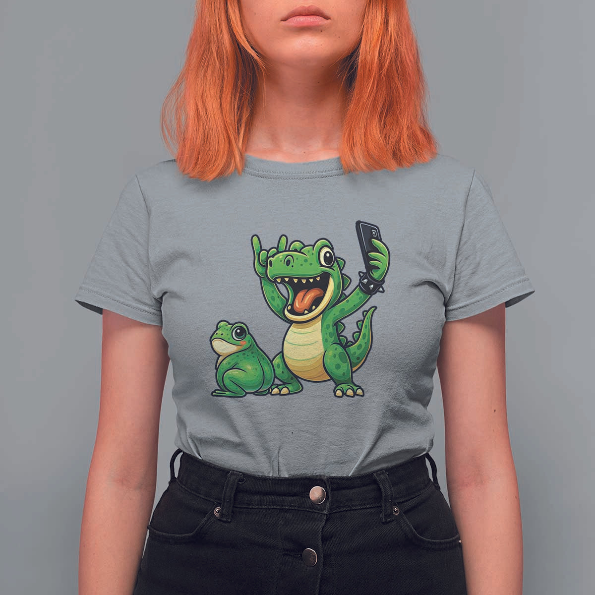 Funny Dinosaur Frog Selfie T Shirt For Women Rock On Hand - Wonder Print Shop