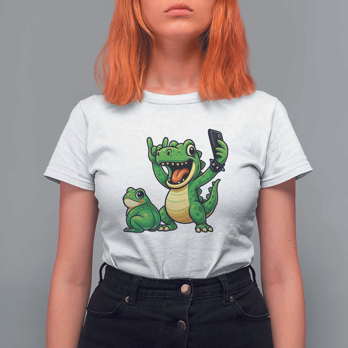 Funny Dinosaur Frog Selfie T Shirt For Women Rock On Hand - Wonder Print Shop