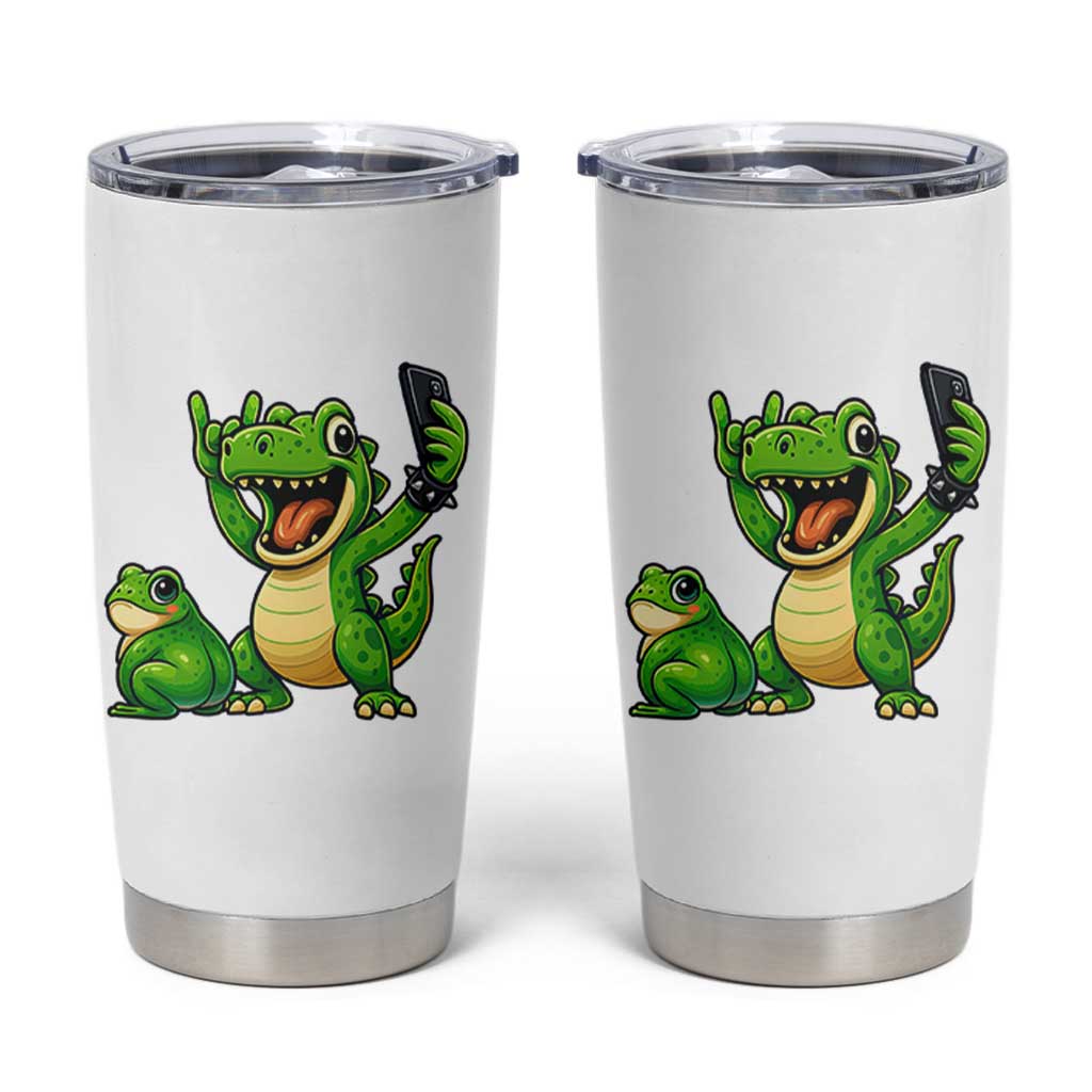 Funny Dinosaur Frog Selfie Tumbler Cup Rock On Hand