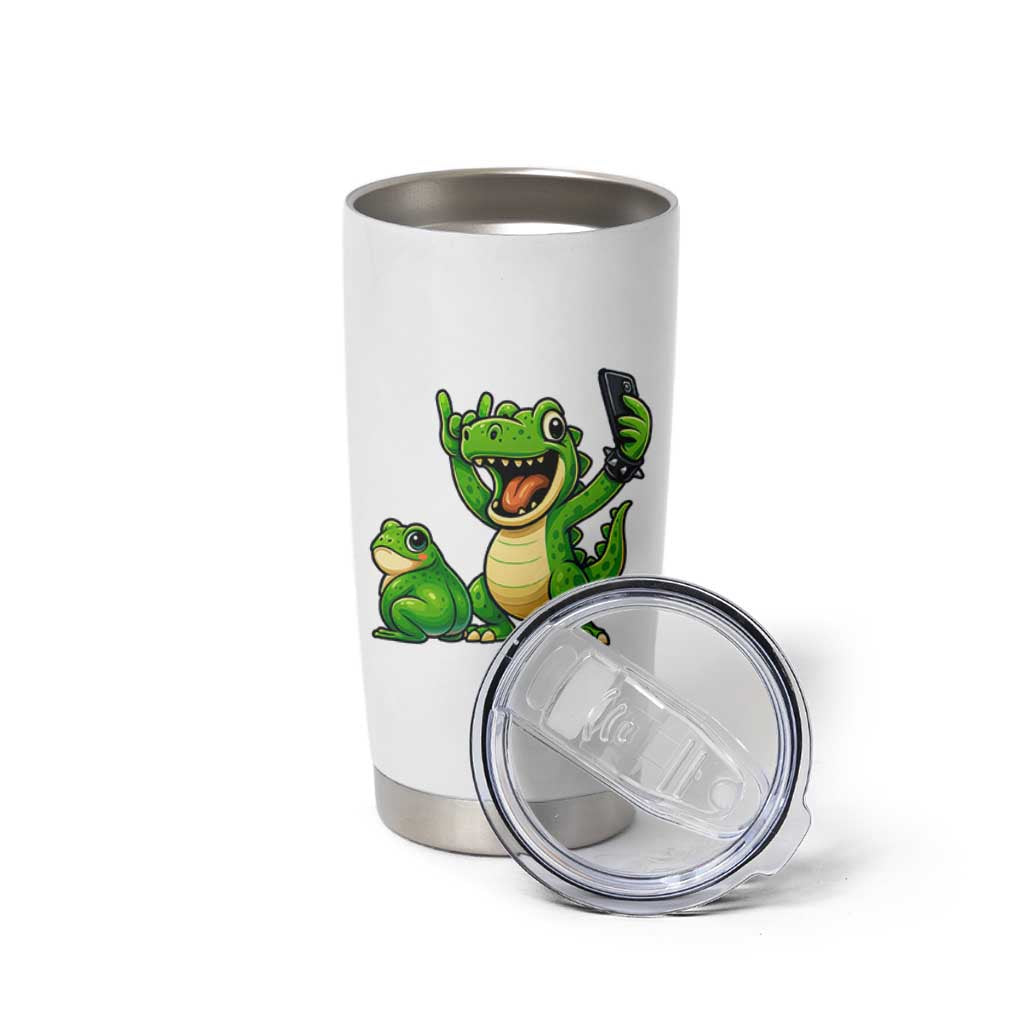 Funny Dinosaur Frog Selfie Tumbler Cup Rock On Hand