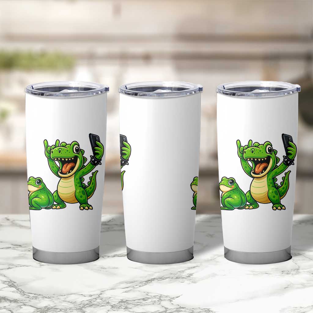 Funny Dinosaur Frog Selfie Tumbler Cup Rock On Hand