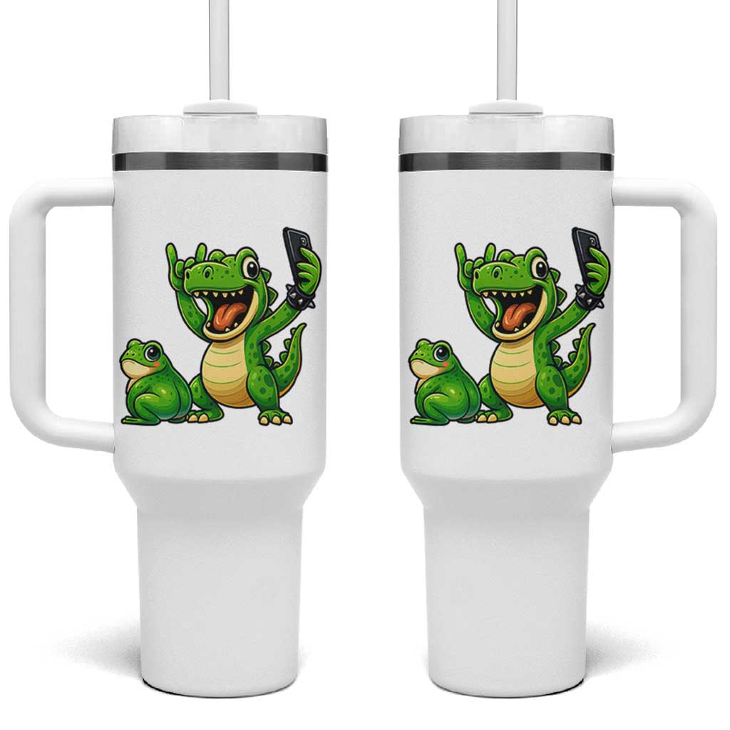 Funny Dinosaur Frog Selfie Tumbler With Handle Rock On Hand