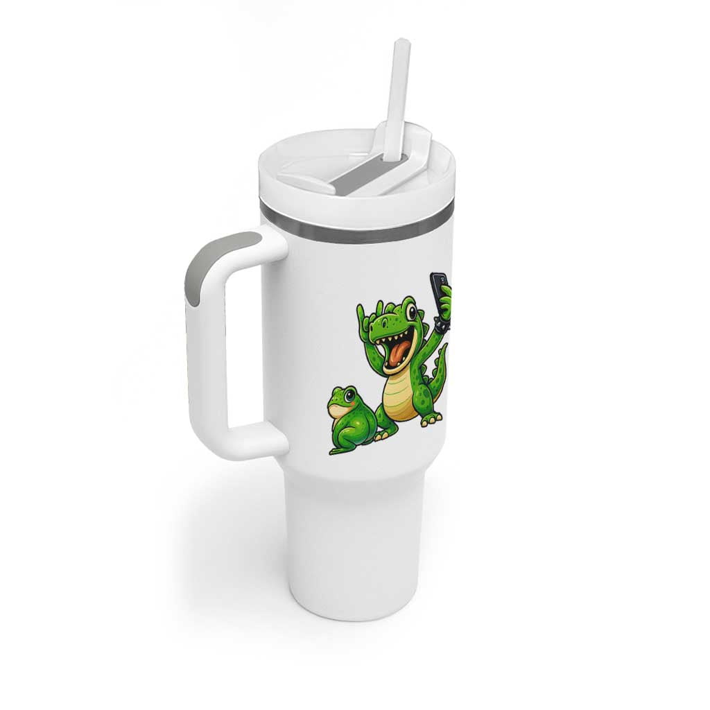 Funny Dinosaur Frog Selfie Tumbler With Handle Rock On Hand