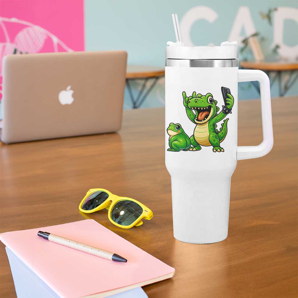 Funny Dinosaur Frog Selfie Tumbler With Handle Rock On Hand