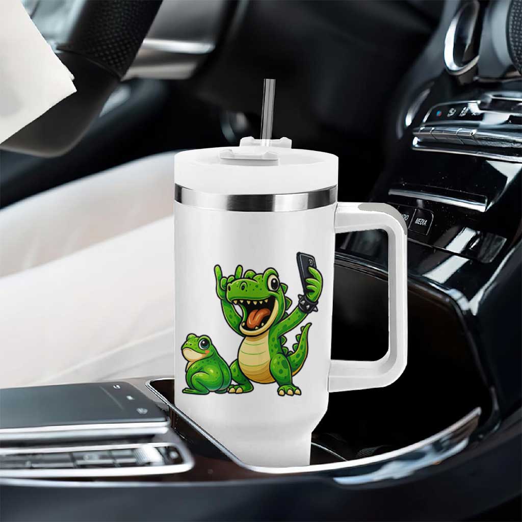 Funny Dinosaur Frog Selfie Tumbler With Handle Rock On Hand