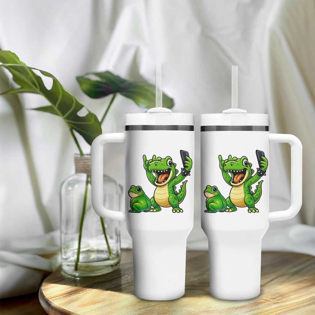 Funny Dinosaur Frog Selfie Tumbler With Handle Rock On Hand