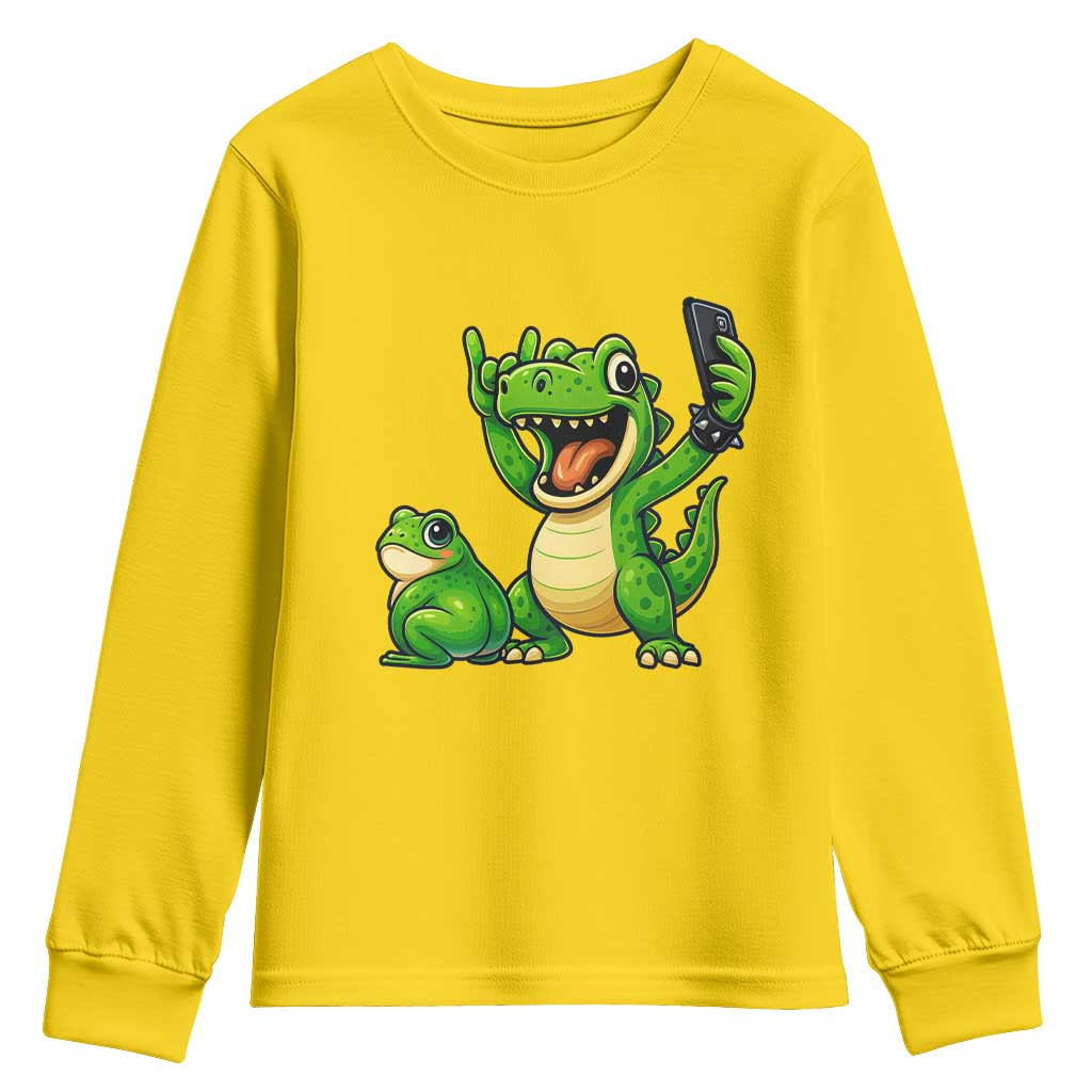 Funny Dinosaur Frog Selfie Youth Sweatshirt Rock On Hand - Wonder Print Shop