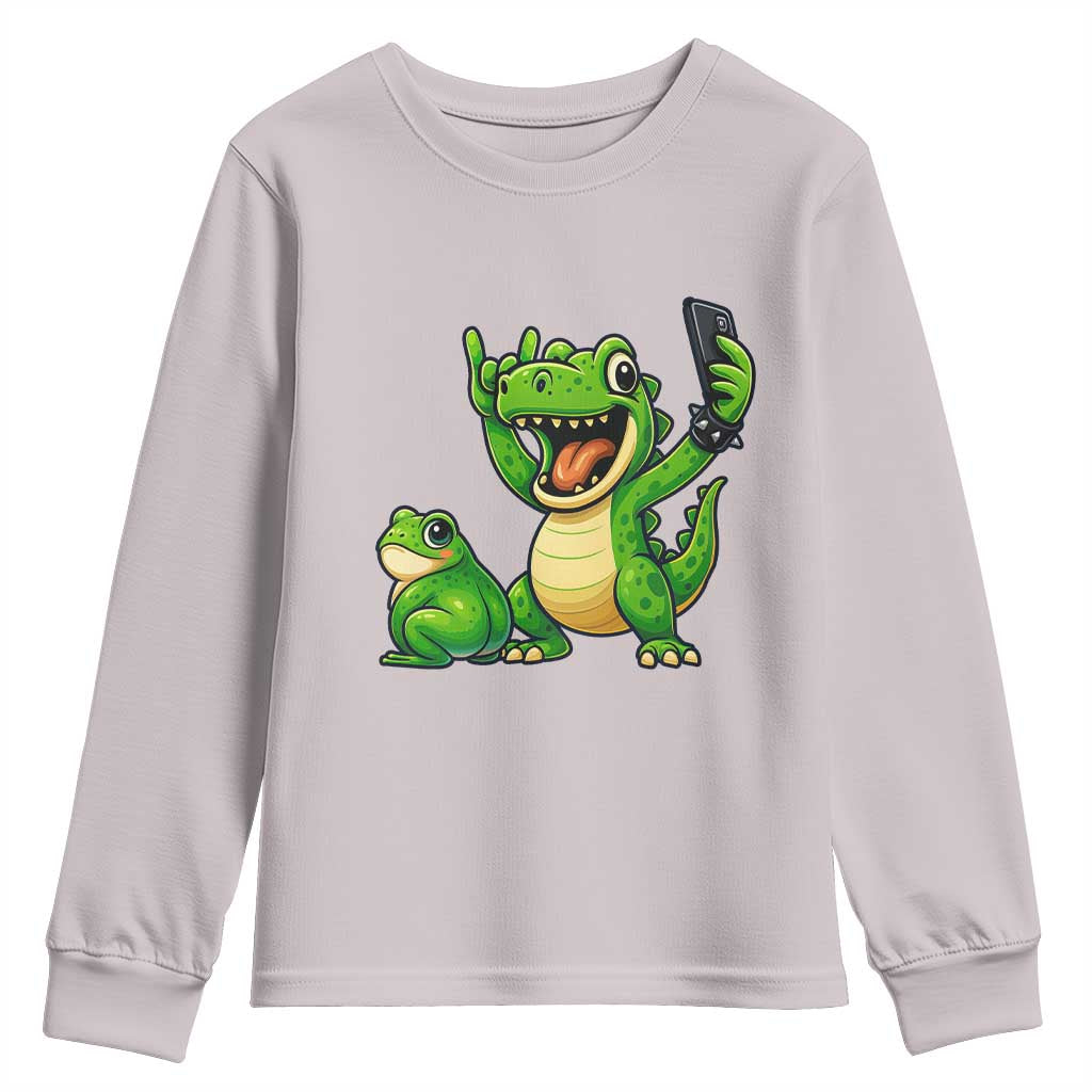 Funny Dinosaur Frog Selfie Youth Sweatshirt Rock On Hand - Wonder Print Shop