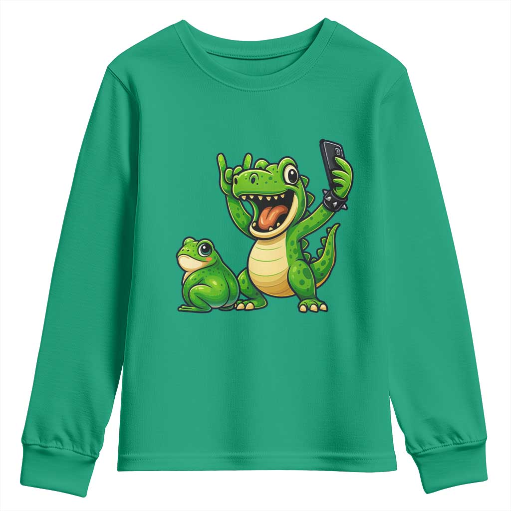 Funny Dinosaur Frog Selfie Youth Sweatshirt Rock On Hand - Wonder Print Shop