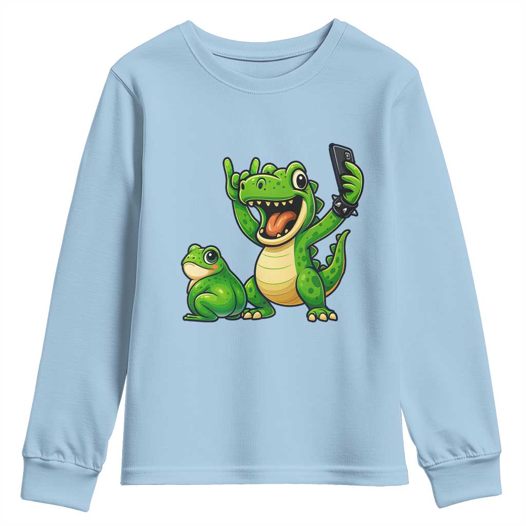 Funny Dinosaur Frog Selfie Youth Sweatshirt Rock On Hand - Wonder Print Shop