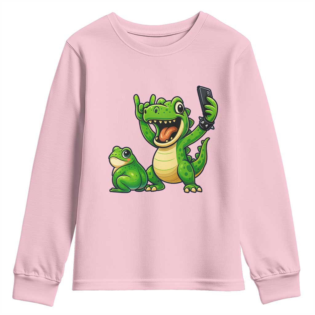 Funny Dinosaur Frog Selfie Youth Sweatshirt Rock On Hand - Wonder Print Shop