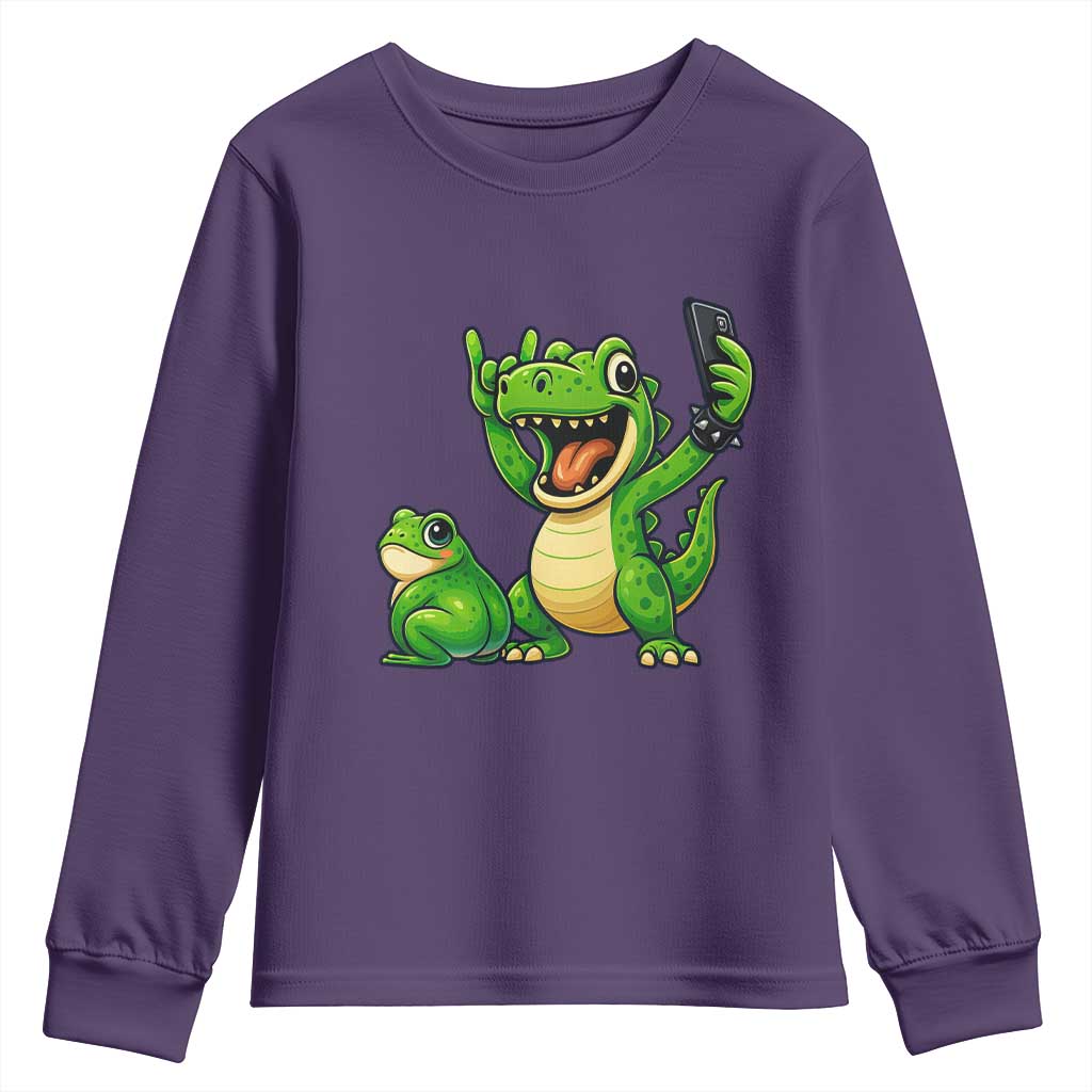 Funny Dinosaur Frog Selfie Youth Sweatshirt Rock On Hand - Wonder Print Shop
