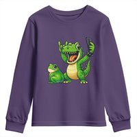 Funny Dinosaur Frog Selfie Youth Sweatshirt Rock On Hand - Wonder Print Shop