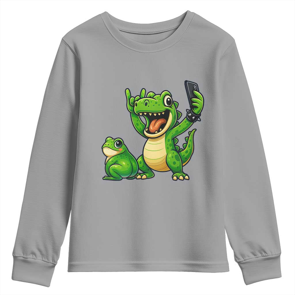 Funny Dinosaur Frog Selfie Youth Sweatshirt Rock On Hand - Wonder Print Shop