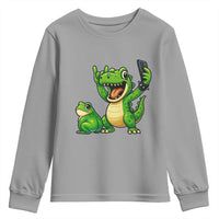 Funny Dinosaur Frog Selfie Youth Sweatshirt Rock On Hand - Wonder Print Shop