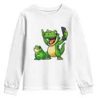 Funny Dinosaur Frog Selfie Youth Sweatshirt Rock On Hand - Wonder Print Shop