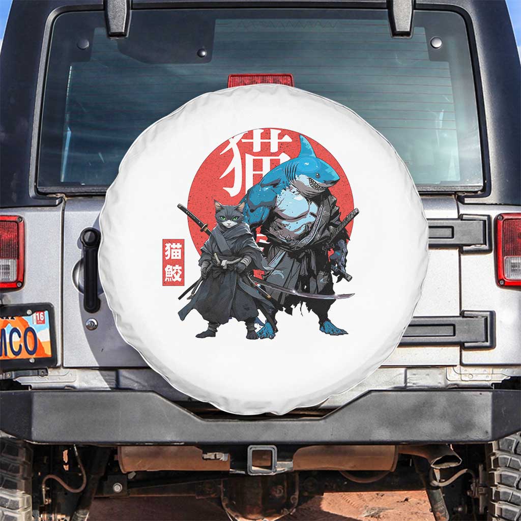 Samurai Cat Shark Spare Tire Cover Retro Japanese Animal Warrior Art - Wonder Print Shop