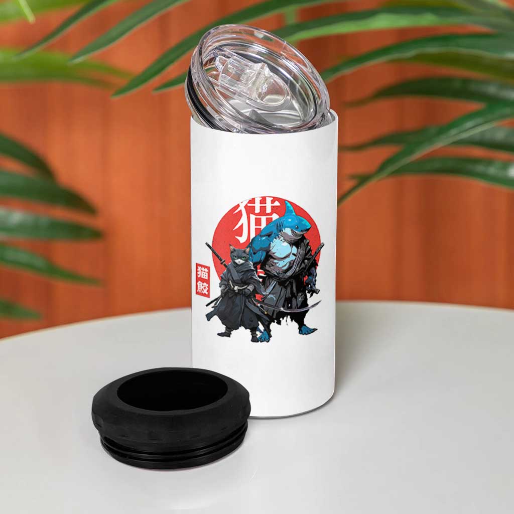 Samurai Cat Shark 4 in 1 Can Cooler Tumbler Retro Japanese Animal Warrior Art