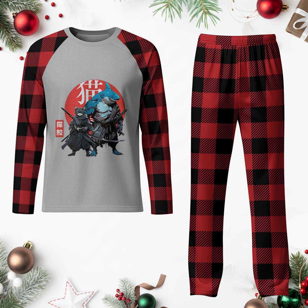 Samurai Cat Shark Plaid Pajama Set Retro Japanese Animal Warrior Art - Wonder Print Shop
