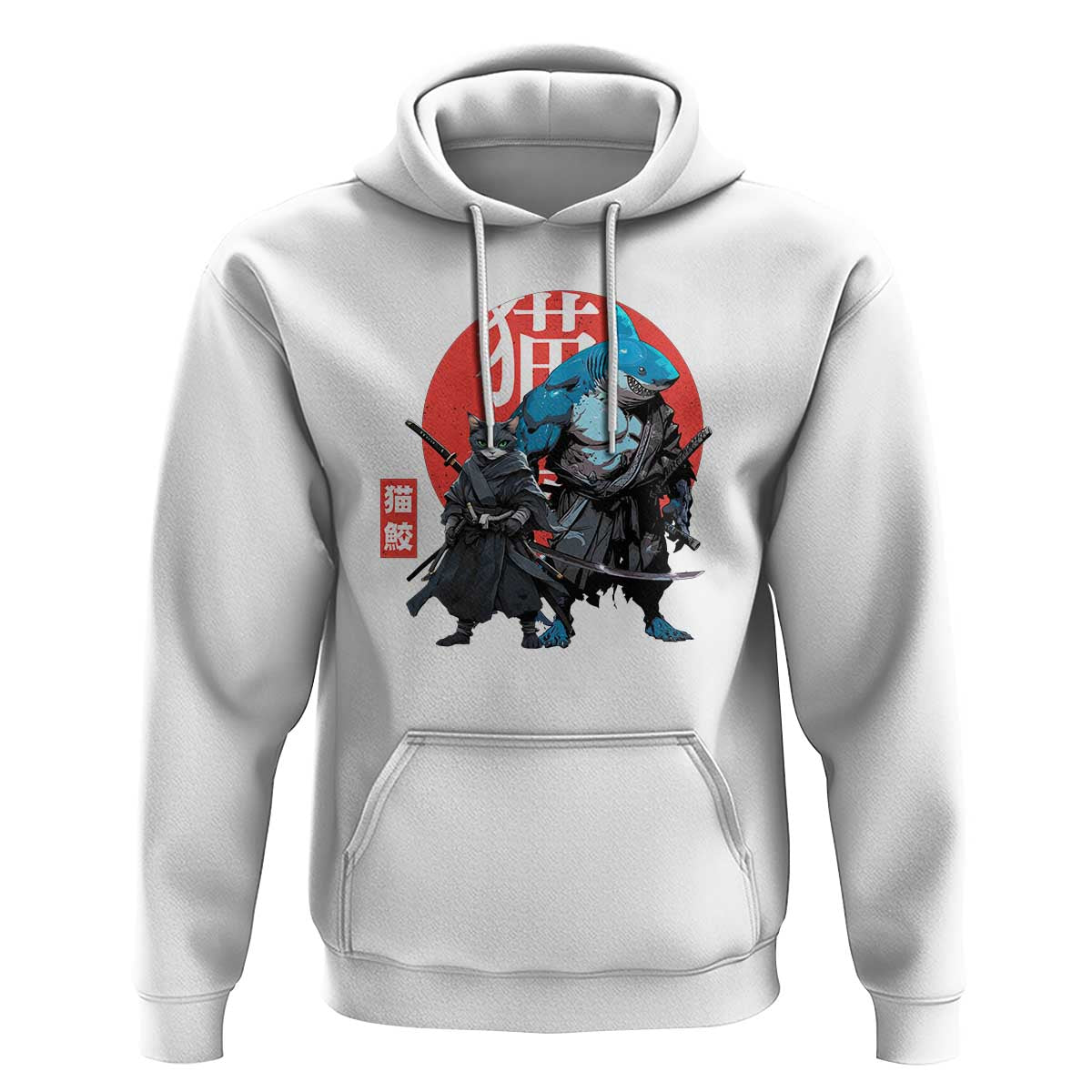 Samurai Cat Shark Hoodie Retro Japanese Animal Warrior Art - Wonder Print Shop
