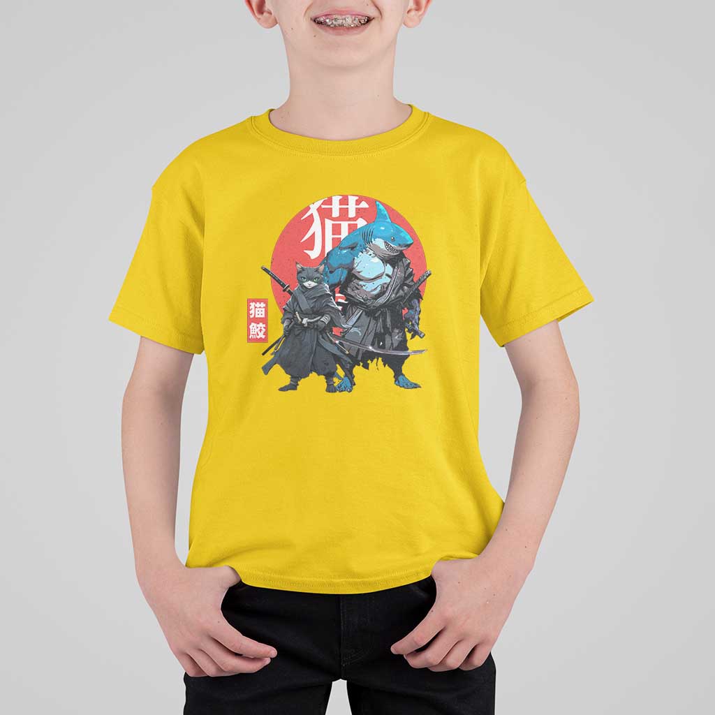Samurai Cat Shark T Shirt For Kid Retro Japanese Animal Warrior Art - Wonder Print Shop