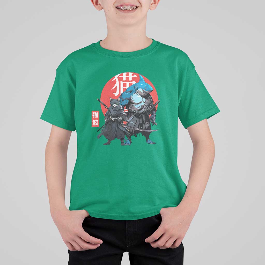 Samurai Cat Shark T Shirt For Kid Retro Japanese Animal Warrior Art - Wonder Print Shop