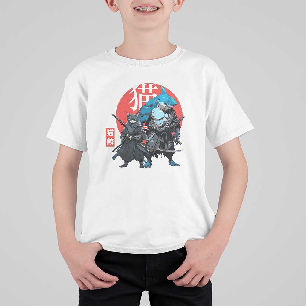 Samurai Cat Shark T Shirt For Kid Retro Japanese Animal Warrior Art - Wonder Print Shop