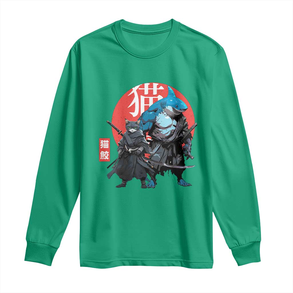 Samurai Cat Shark Long Sleeve Shirt Retro Japanese Animal Warrior Art - Wonder Print Shop