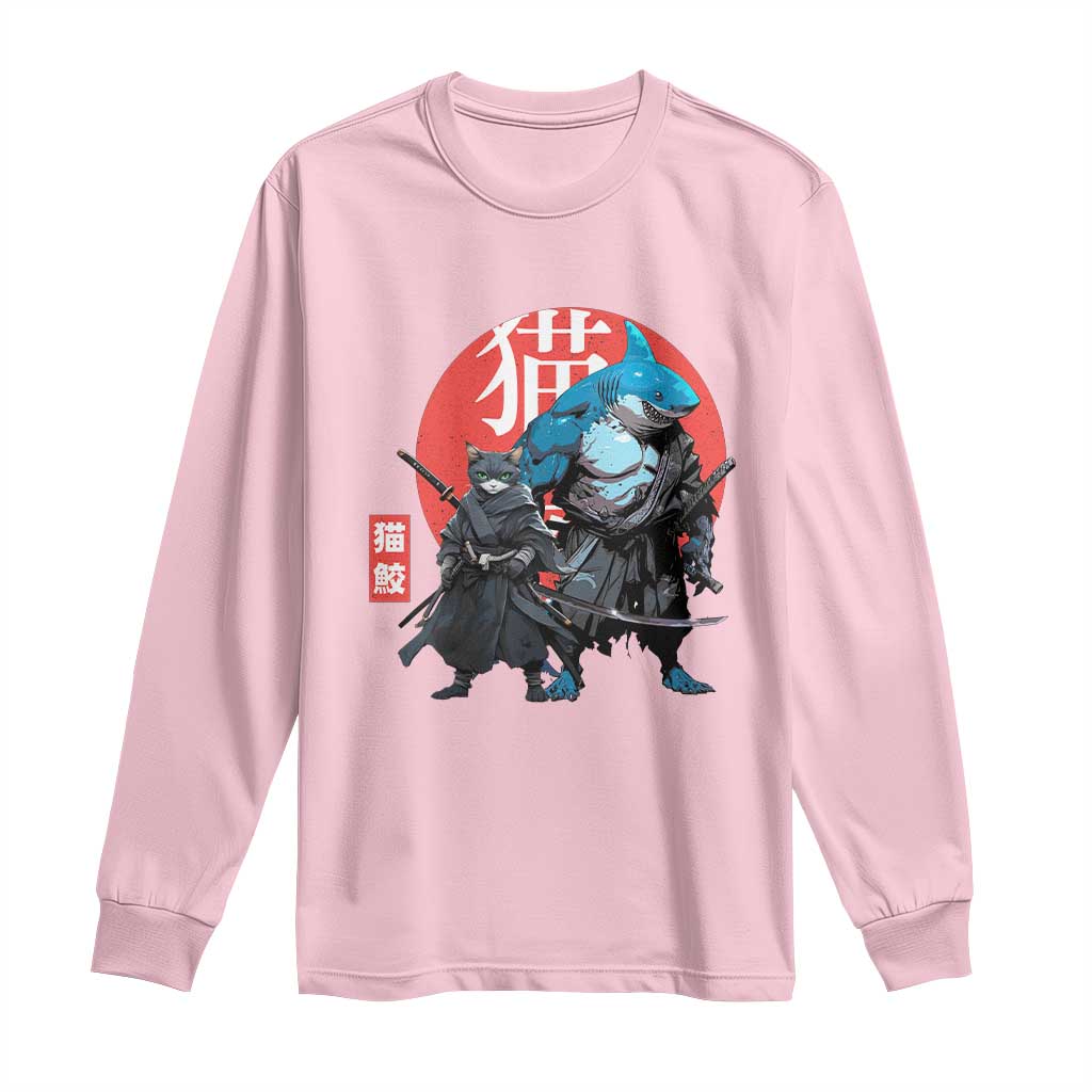 Samurai Cat Shark Long Sleeve Shirt Retro Japanese Animal Warrior Art - Wonder Print Shop
