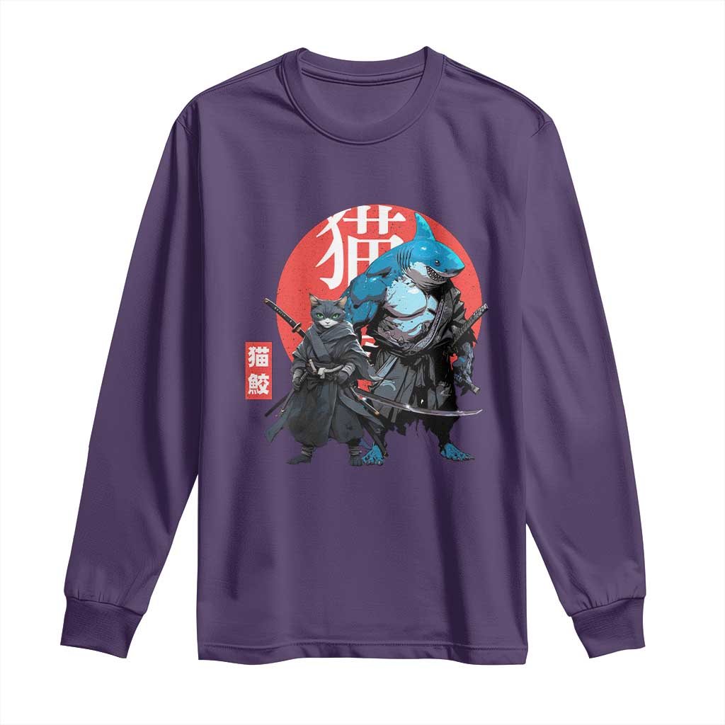 Samurai Cat Shark Long Sleeve Shirt Retro Japanese Animal Warrior Art - Wonder Print Shop