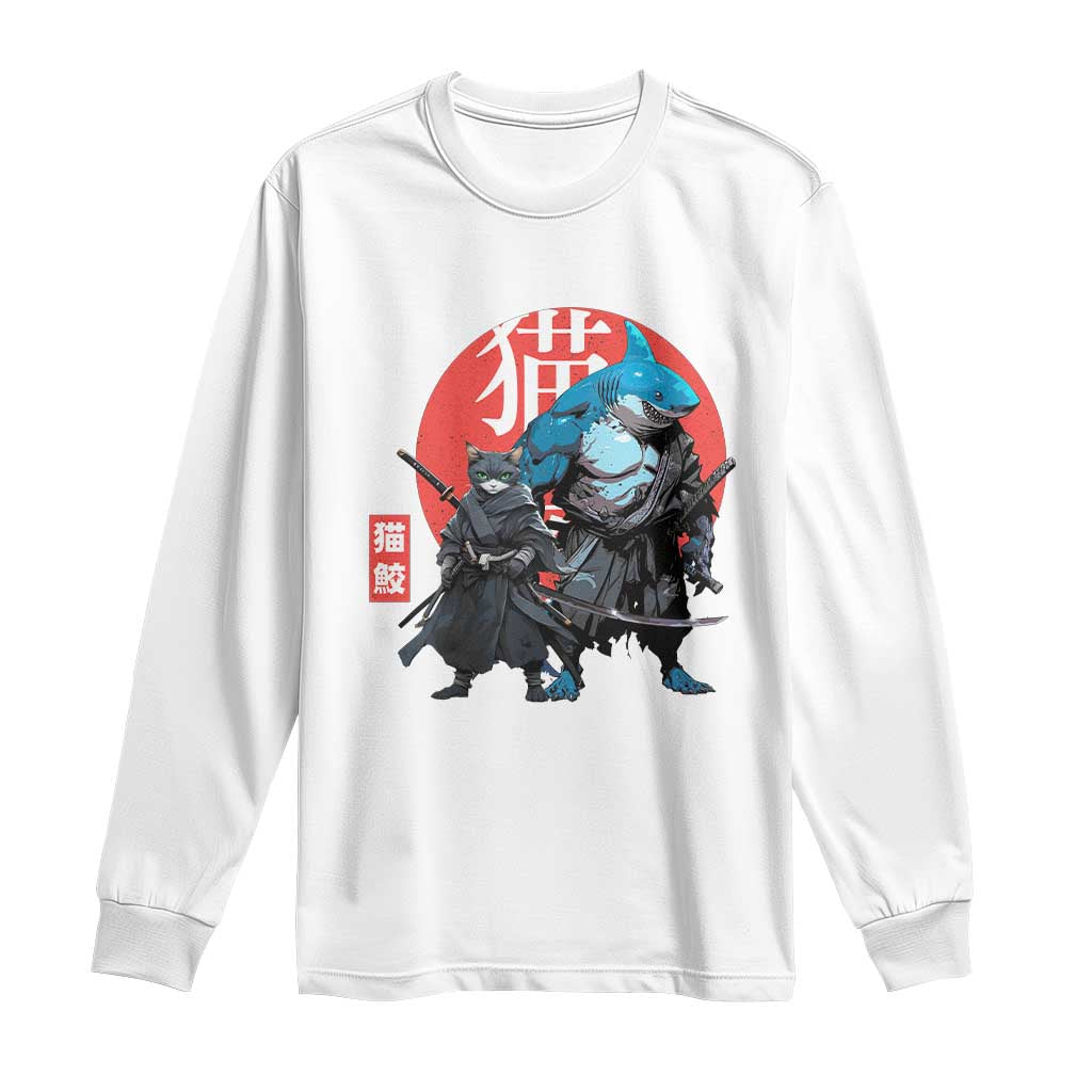Samurai Cat Shark Long Sleeve Shirt Retro Japanese Animal Warrior Art - Wonder Print Shop