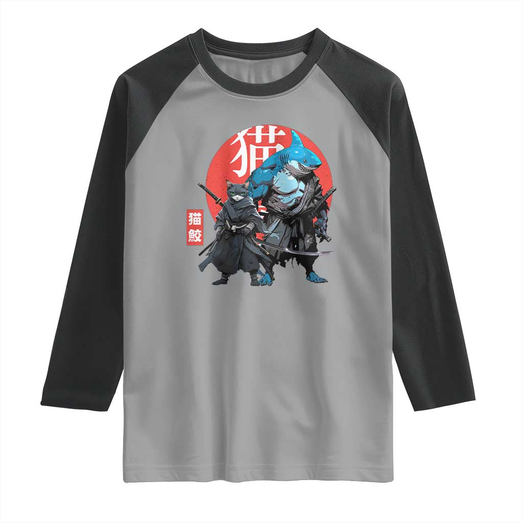 Samurai Cat Shark Raglan Shirt Retro Japanese Animal Warrior Art - Wonder Print Shop