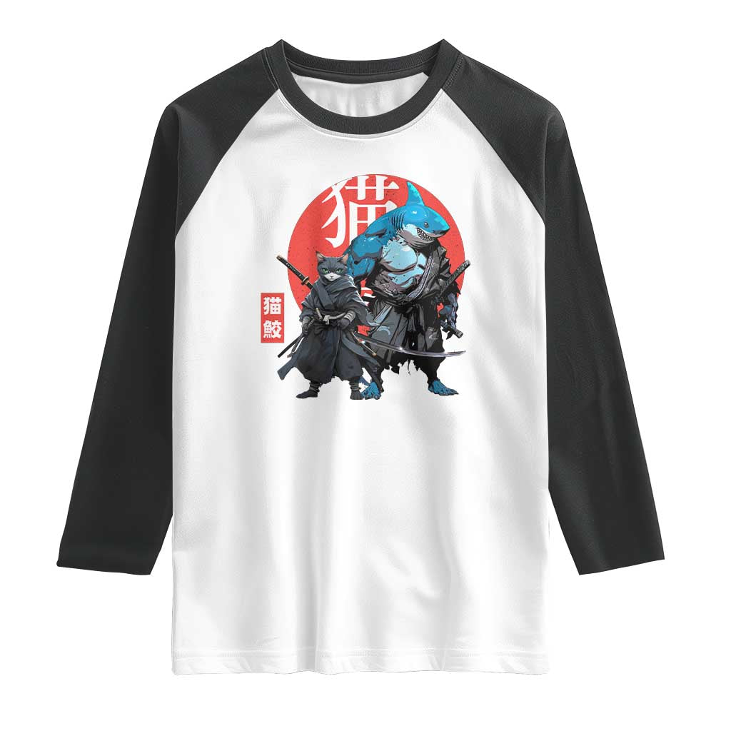 Samurai Cat Shark Raglan Shirt Retro Japanese Animal Warrior Art - Wonder Print Shop