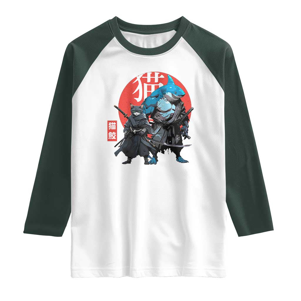 Samurai Cat Shark Raglan Shirt Retro Japanese Animal Warrior Art - Wonder Print Shop