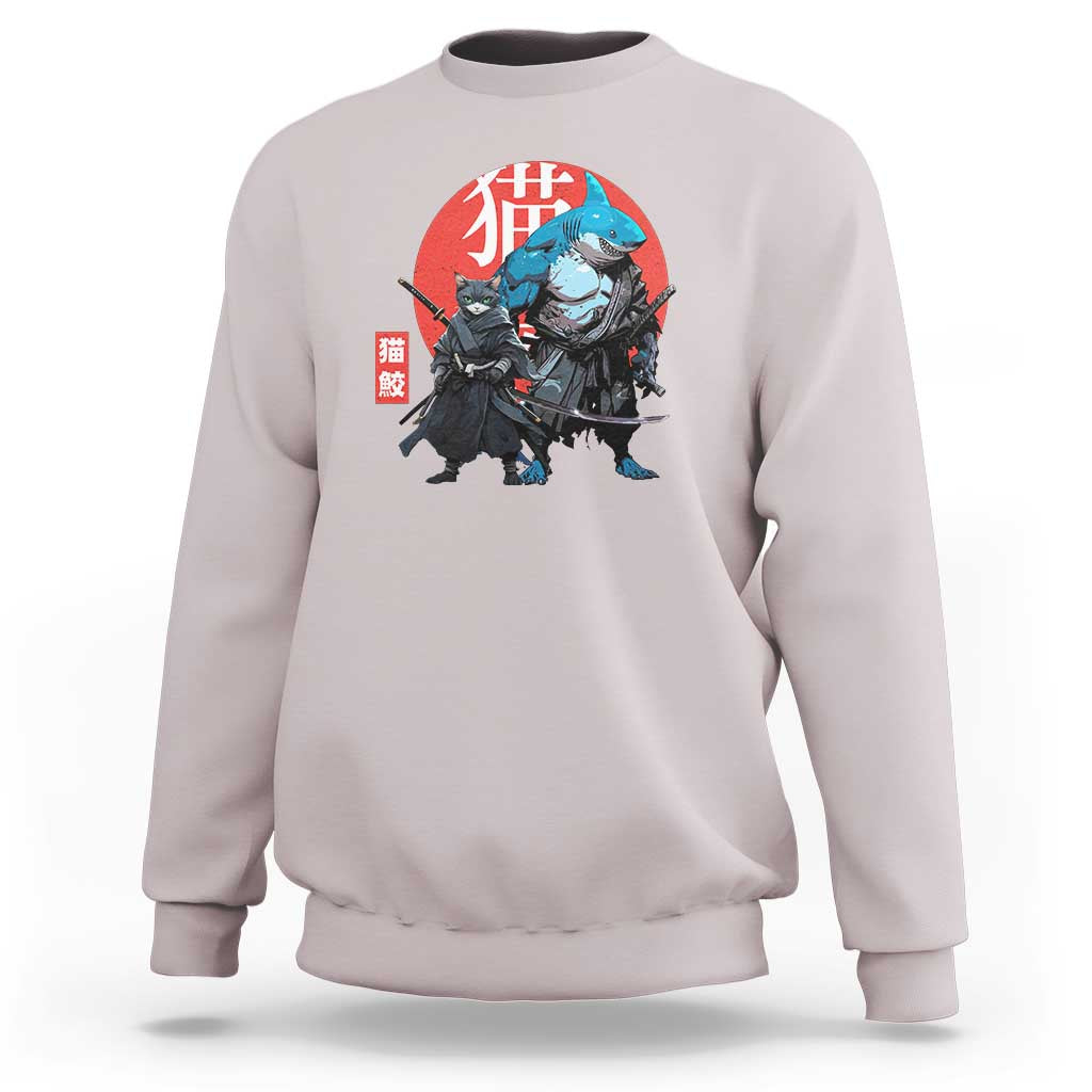 Samurai Cat Shark Sweatshirt Retro Japanese Animal Warrior Art - Wonder Print Shop