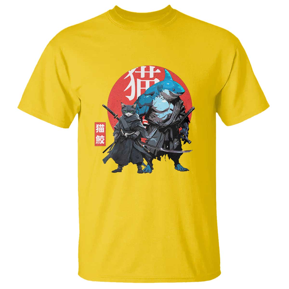 Samurai Cat Shark T Shirt Retro Japanese Animal Warrior Art - Wonder Print Shop